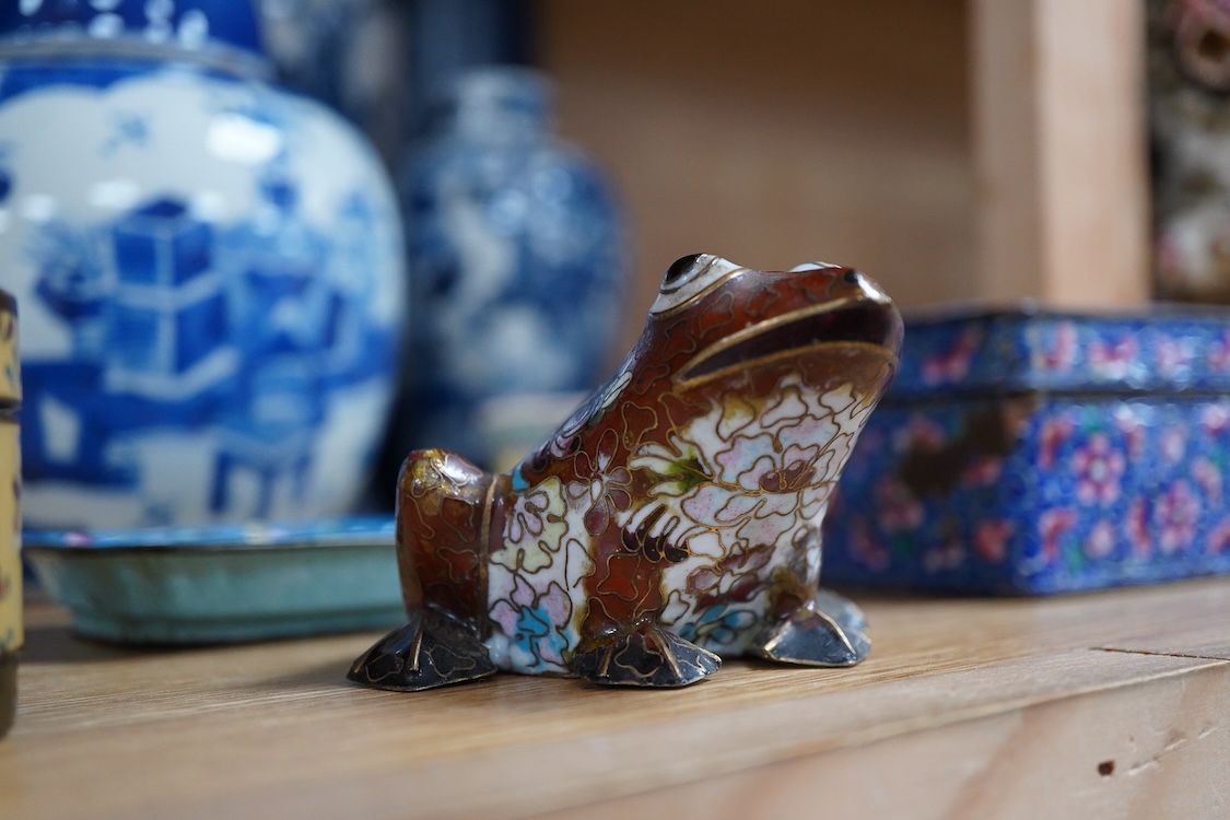 A pair of Chinese blue and white vases and covers and three other items, together with Japanese ceramics, cloisonné and Canton enamelware (11)